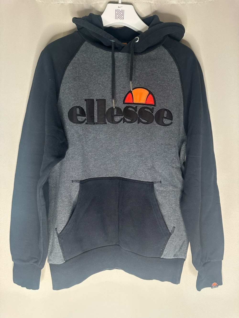 Ellesse Two-Tone Charcoal Gray & Black Logo Pullover Hoodie with Orange Accent